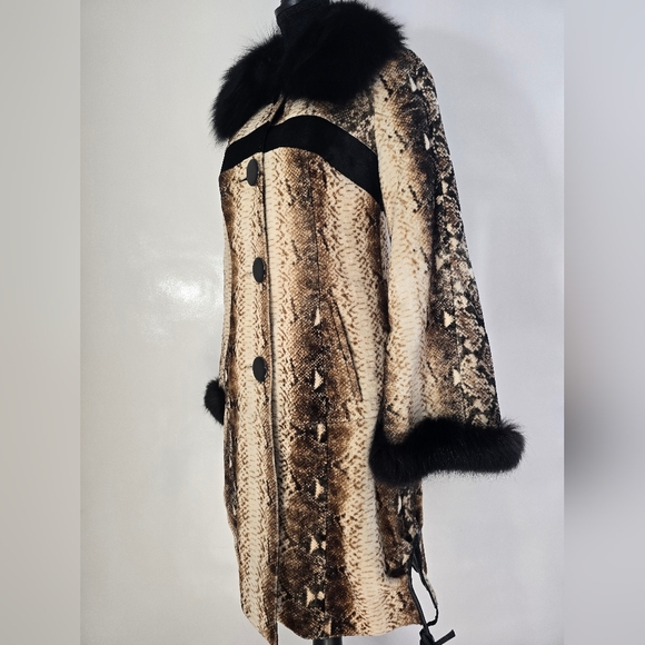 Genuine Kangaroo Suede Leather Coat Fox Fur Collar Snake Print Women Size 42 - Picture 4 of 15